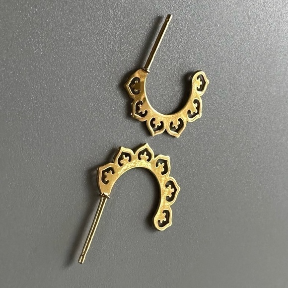 24K Gold Laser Cut Heart Half Hoop Earrings - Picture 8 of 12